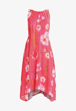 Sleeveless pink dress with a high-low hem and a floral pattern of white, pink, and purple flowers with green stems.