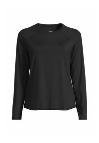 Langsleeve zwart sportshirt van gladde, lichte stof. Heeft raglan mouwen en een ronde halslijn. Geen zichtbare logo's of patronen.
