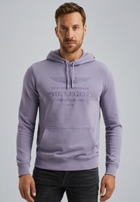 Purple cotton hoodie with a front kangaroo pocket, drawstring hood, and embroidered text and wings design on the chest. Simple fit.