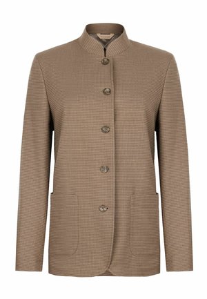 Brązowa kurtka o fakturze z kołnierzem typu stójka, pięcioma guzikami z przodu oraz dwoma naszywanymi kieszeniami z przodu.