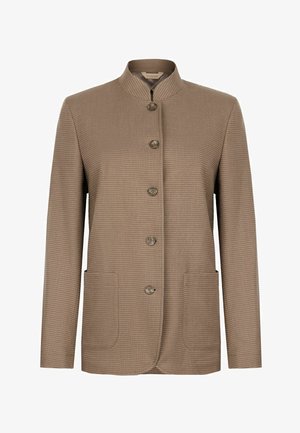 Brązowa kurtka o fakturze z kołnierzem typu stójka, pięcioma guzikami z przodu oraz dwoma naszywanymi kieszeniami z przodu.