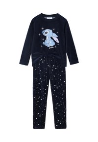 Navy velvet pajama set featuring a long-sleeve top with a cartoon character and elastic waistband pants adorned with star patterns.