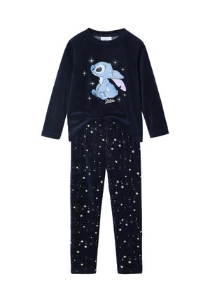 Navy-blaues Samt-Pyjama-Set mit einem Langarmoberteil, das eine Cartoondarstellung zeigt, und elastischen Hosen mit Sternenmuster.