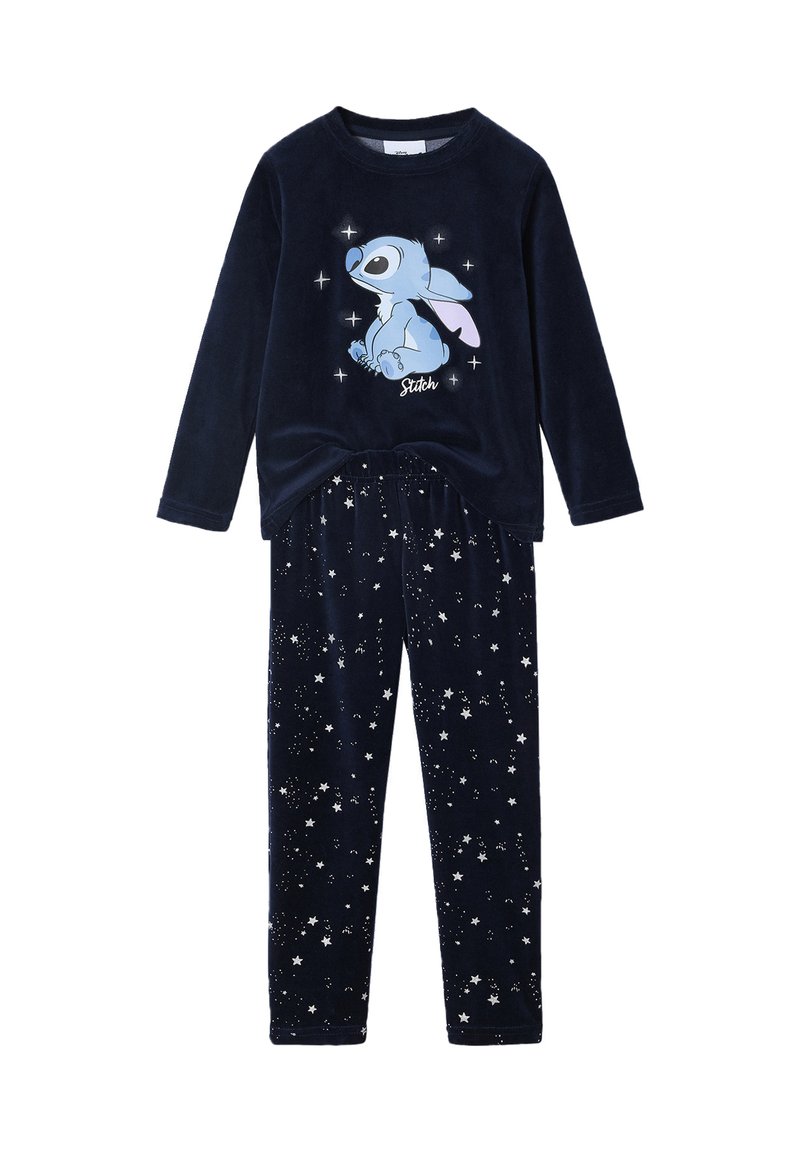 Navy velvet pajama set featuring a long-sleeve top with a cartoon character and elastic waistband pants adorned with star patterns.