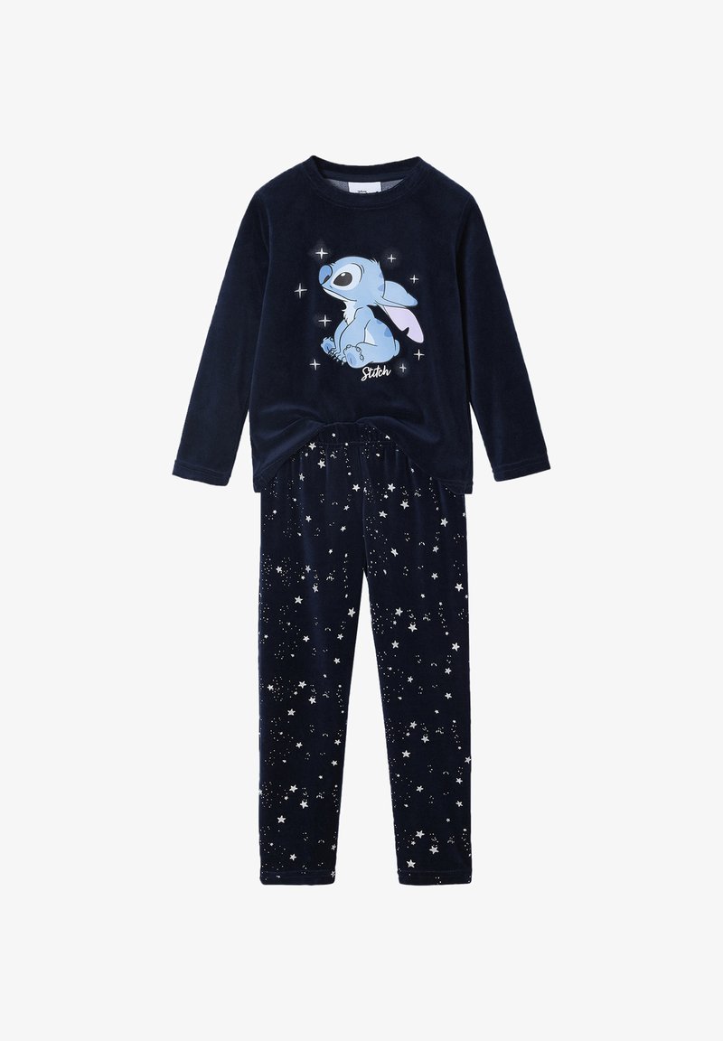 Navy velvet pajama set featuring a long-sleeve top with a cartoon character and elastic waistband pants adorned with star patterns.