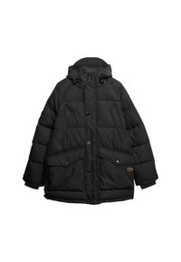 Sort pufferjakke med hætte, store frontlommer, trykknapper og quiltet tekstur. Designet til varme og komfort i koldt vejr.