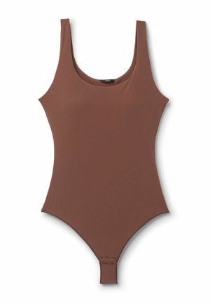 Brauner ärmelloser Body mit tiefem Rundhalsausschnitt und Druckknopfverschluss im Schritt, flach auf weißem Hintergrund ausgelegt.