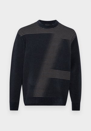 Pullover a righe navy, con linee orizzontali tonali, scollatura rotonda e polsini e orlo a costine. Texture morbida e vestibilità classica.