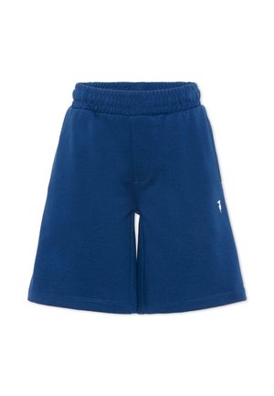 Pantaloncini blu navy fino al ginocchio con vita elastica e piccolo logo bianco ricamato sulla coscia sinistra.
