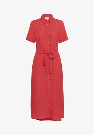 Red linen dress featuring a button-up front, short sleeves, a collar, and a tied waist. The fabric has a smooth texture and a subtle sheen.