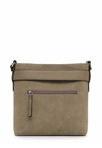 Sac bandoulière taupe avec poche avant zippée et sangle ajustable, présentant des détails en cuir lisse et texturé.