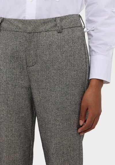 Gray houndstooth trousers with a tailored fit. Features a flat front, belt loops, and side pockets. Made of textured fabric blend.