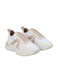 Sneaker bianche e beige con tessuto testurizzato, design con lacci e suola in gomma. Presentano dettagli laterali e un colletto imbottito per il comfort.