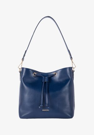 Navy blue leather shoulder bag with drawstring closure, gold-tone hardware, and detached strap, branded Roeckl on front.