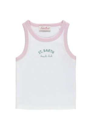 Top bianco senza maniche con bordino rosa e scritta verde "St. Barth beach club" davanti, con scollatura rotonda.