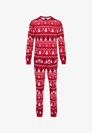 Rotes festliches Pyjama-Set mit langen Ärmeln und Hose, verziert mit Schneemännern, Lebkuchenmännern, Weihnachtsbäumen und Zuckerstangen in Weiß und Schwarz.