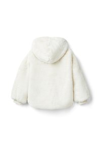 Giacca in eco pelliccia bianca con cappuccio, caratterizzata da una trama morbida, polsini elasticizzati e orlo arrotondato. Il retro è liscio senza ulteriori dettagli.