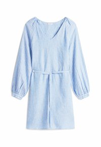 Lyseblå stribet kjole med V-hals, lange pufærmer og bindebælte i taljen. Fremstillet af et tekstureret, åndbart stof.