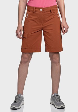 Braune Cargo-Shorts mit geradem Schnitt, ausgestattet mit Seitentaschen und einem Reißverschlussdetail vorne. Hergestellt aus leichtem Material.