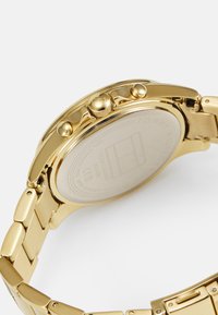 Montre en acier inoxydable doré avec un boîtier arrondi, une couronne texturée et un bracelet à maillons. Le dos présente le logo de la marque et des détails.