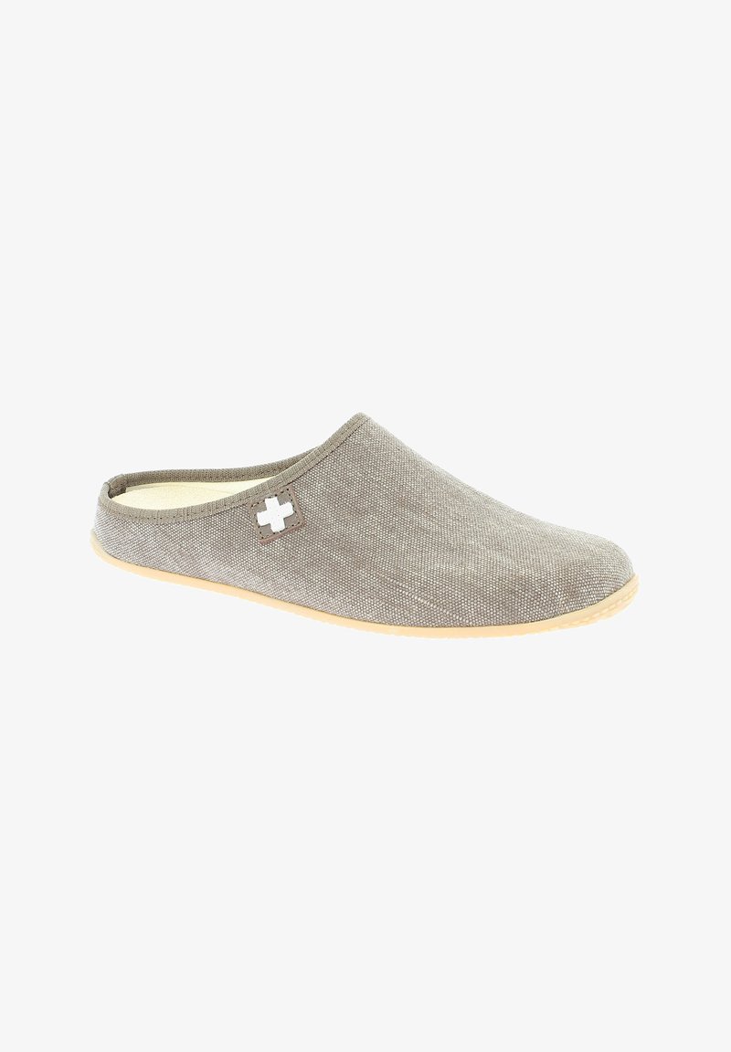 Gray fabric slip-on shoe with a smooth texture, a rounded toe, and a light rubber sole. Features a small white plus sign accent.