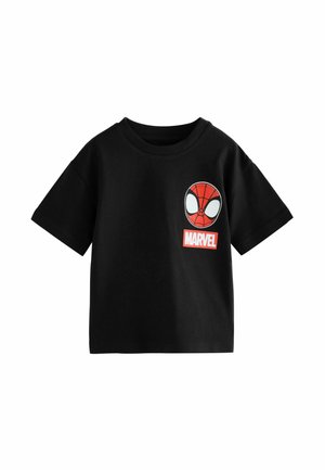 Sort T-shirt med korte ærmer med et rødt og hvidt Spider-Man ansigt og Marvel-logo på venstre bryst.