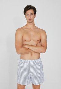 Boxers en coton rayés avec un bouton à l'avant, présentant des rayures verticales bleues et blanches, une taille élastique et une coupe décontractée.