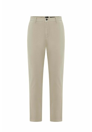 Beige chino's met ritssluiting, knoopsluiting, zijzakken en een gladde, lichtgewicht stof. Rechternel design met standaard zoom.