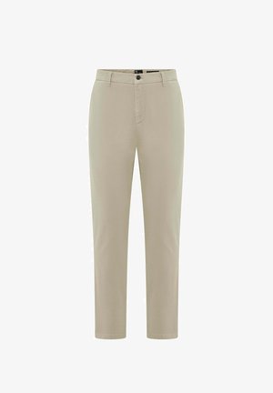 Beżowe chinosy z zamkiem błyskawicznym, zapięciem na guzik, przednimi kieszeniami i gładkim, lekkim materiałem. Prosta nogawka z standardowym wykończeniem.