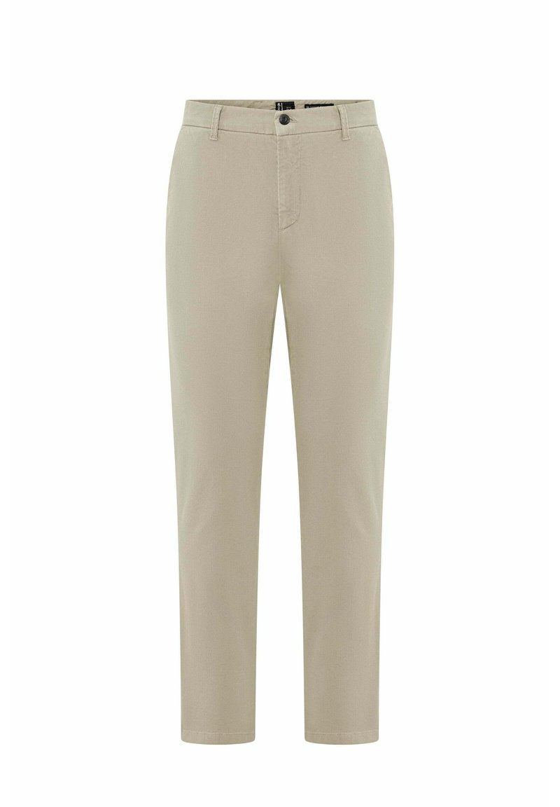 Beige chino's met ritssluiting, knoopsluiting, zijzakken en een gladde, lichtgewicht stof. Rechternel design met standaard zoom.