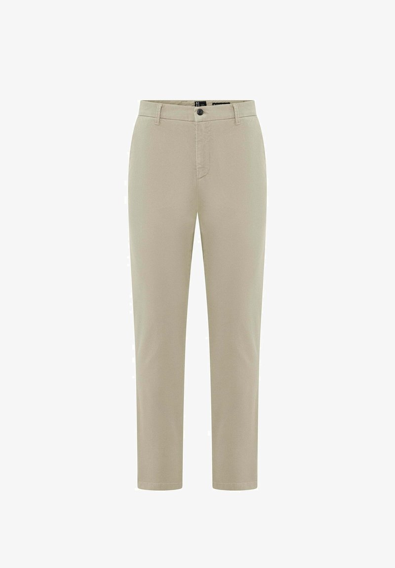 Beige Chinos mit Reißverschluss, Knopfverschluss, Vordertaschen und einem glatten, leichten Stoff. Gerade Passform mit standardmäßigen Saum.