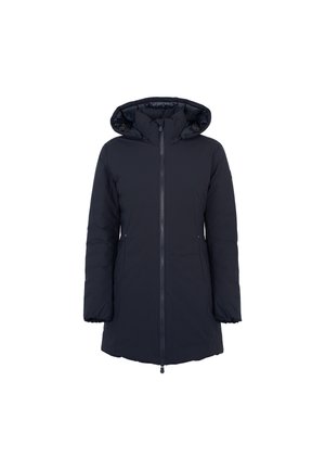 Manteau rembourré bleu marine avec fermeture éclair sur le devant, capuche amovible et poches latérales. Il dispose de poignets élastiques et d'un design élégant et épuré.