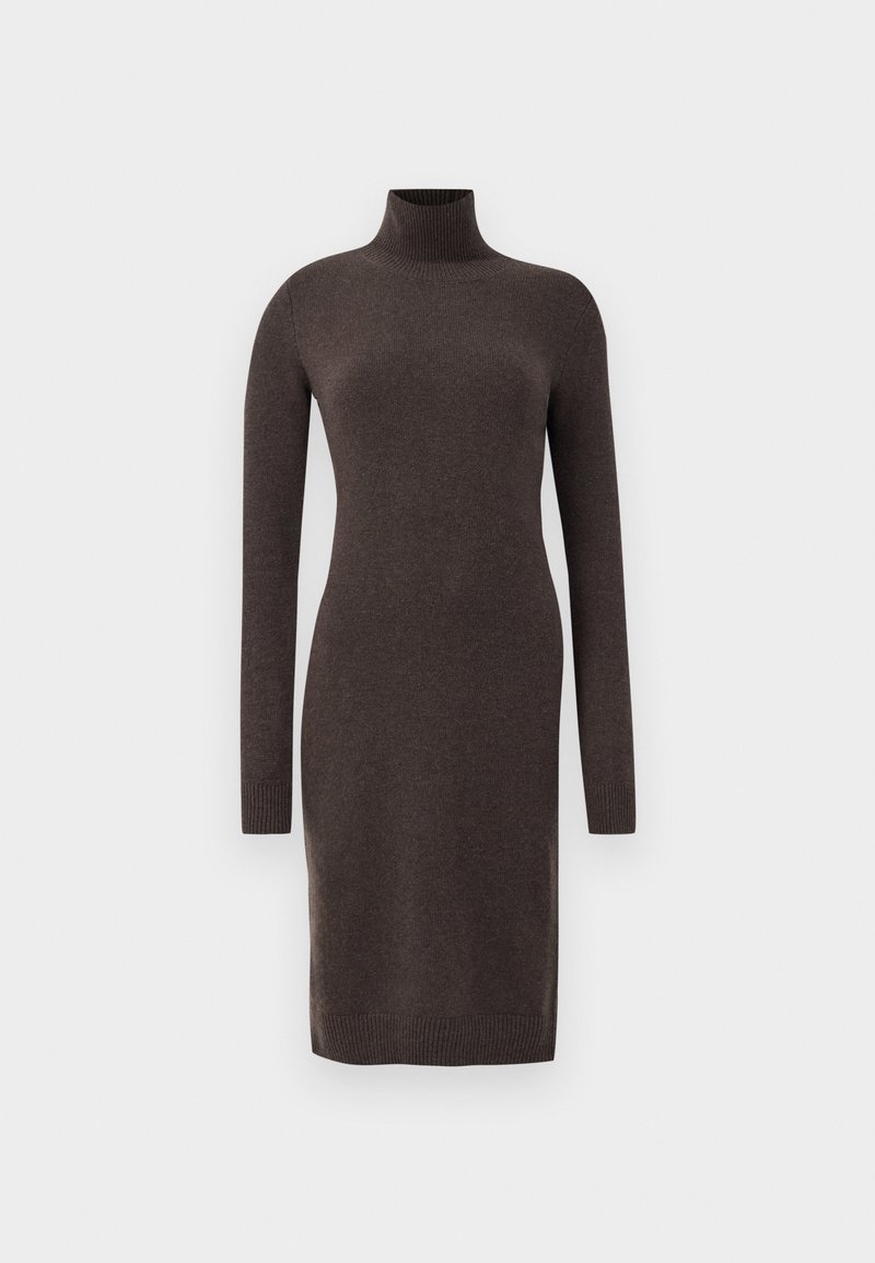 Brown long-sleeve sweater dress with a high neck, made of a soft, ribbed material. Features fitted sleeves and a straight silhouette.