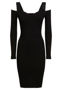 Robe noire côtelée avec des manches longues dénudées et une silhouette ajustée. Présente des accents de logo sur les bretelles et un ourlet droit.