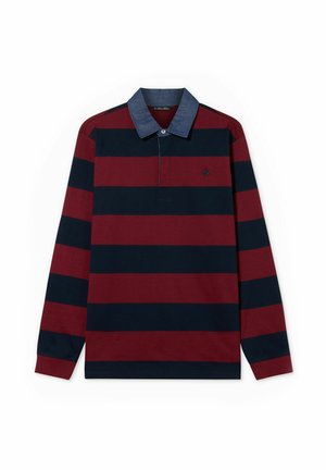 Polo a manica lunga con ampie righe orizzontali bordeaux e blu navy e colletto blu a contrasto, distesa su uno sfondo bianco.
