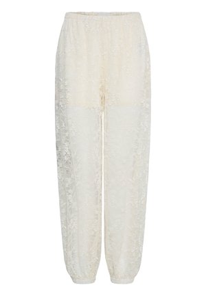 Cream-colored lace pants with elastic waistband and ankle cuffs, featuring a delicate floral pattern.