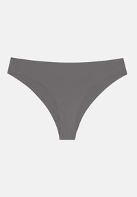 Grijze elastische bikini bodem met een gladde textuur, lage taille, minimale stiksels en geen zichtbare patronen of accenten.