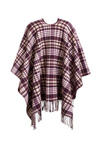 Poncho a quadri in un mix di lana bordeaux scuro e crema, con collo rotondo, maniche ampie e bordi frangiati.