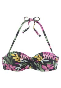 Juodas bikini viršus su gėlių raštu, kuriame yra rožinė, geltona ir žalia spalvos. Turi įtempimo juosteles ir sukimą priekyje. Minkšta tekstūra.