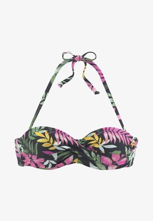 Top bikini nero con motivo floreale nei toni del rosa, giallo e verde. Presenta lacci regolabili e un design a torsione nella parte anteriore. Texture morbida.