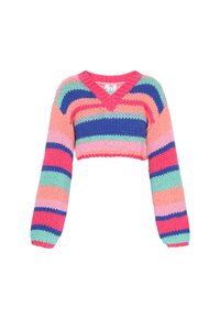 Crochettipaita, jossa on V-kaula-aukko ja pitkät hihat, joissa on leveitä vaakasuoria raidoituksia vaaleanpunaisena, sinisenä, vihreänä ja korallina. Teksturoitu neulekangas.