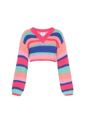 Pulover croșetat cu decolteu în V și mâneci lungi, având dungi orizontale late în nuanțe de roz, albastru, verde și corai. Material tricotat texturat.