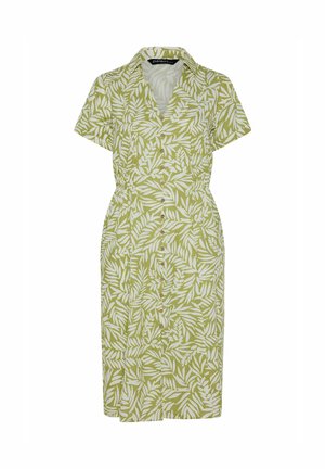 Grünes, knielanges Kleid mit kurzen Ärmeln und weißem Blattmuster, Knopfleiste vorne, V-Ausschnitt und taillierter Raffung.