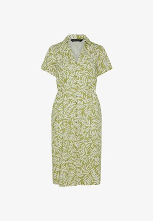 Groene jurk met korte mouwen tot op de knie, bedrukt met witte bladeren, knoopsluiting aan de voorkant, V-halskraag en details met een geplooide taille.