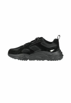 Sneaker atletica nera con tomaia in tessuto strutturato e camoscio, suola spessa e imbottita, design con lacci e piccolo anello sul tallone per un facile infilo.