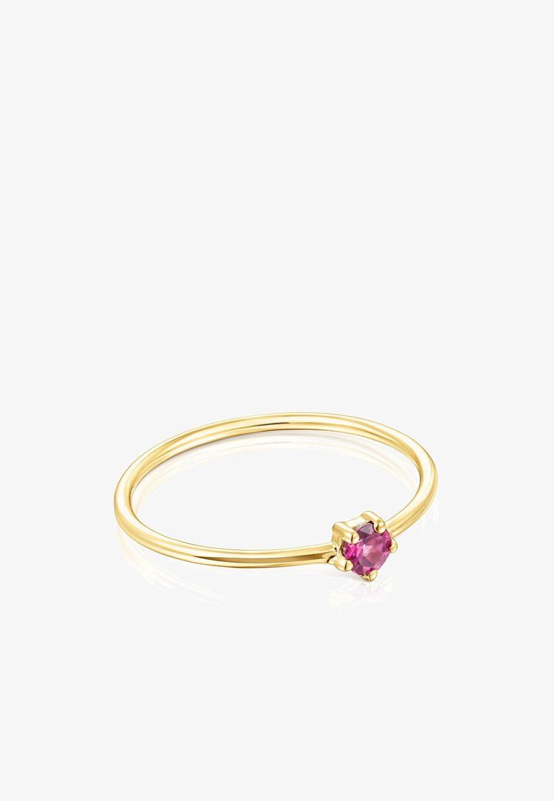 Anello d'oro con una fascia liscia e una pietra preziosa rotonda, di colore rosa, saldamente incastonata in un'impostazione a sei griffe, che presenta un design elegante.