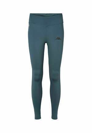 Colanți sportivi lungi, de culoare albastru-verzui, cu talie înaltă și un mic logo negru pe coapsa superioară.