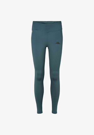 Colanți sportivi lungi, de culoare albastru-verzui, cu talie înaltă și un mic logo negru pe coapsa superioară.