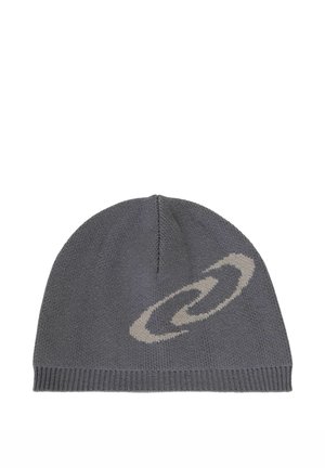 Bonnet tricoté gris avec un motif abstrait tourbillonnant beige sur un côté et bord côtelé en bas.