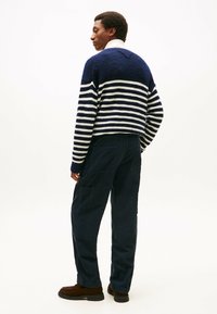 Maglione a righe navy e bianche lavorato a maglia con scollo a V, abbinato a pantaloni cargo navy scuri e calzature marroni. Ripresa dalla schiena su sfondo bianco.
